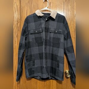 RVCA Men's Black and Gray Checkered Jacket with Cream Collar